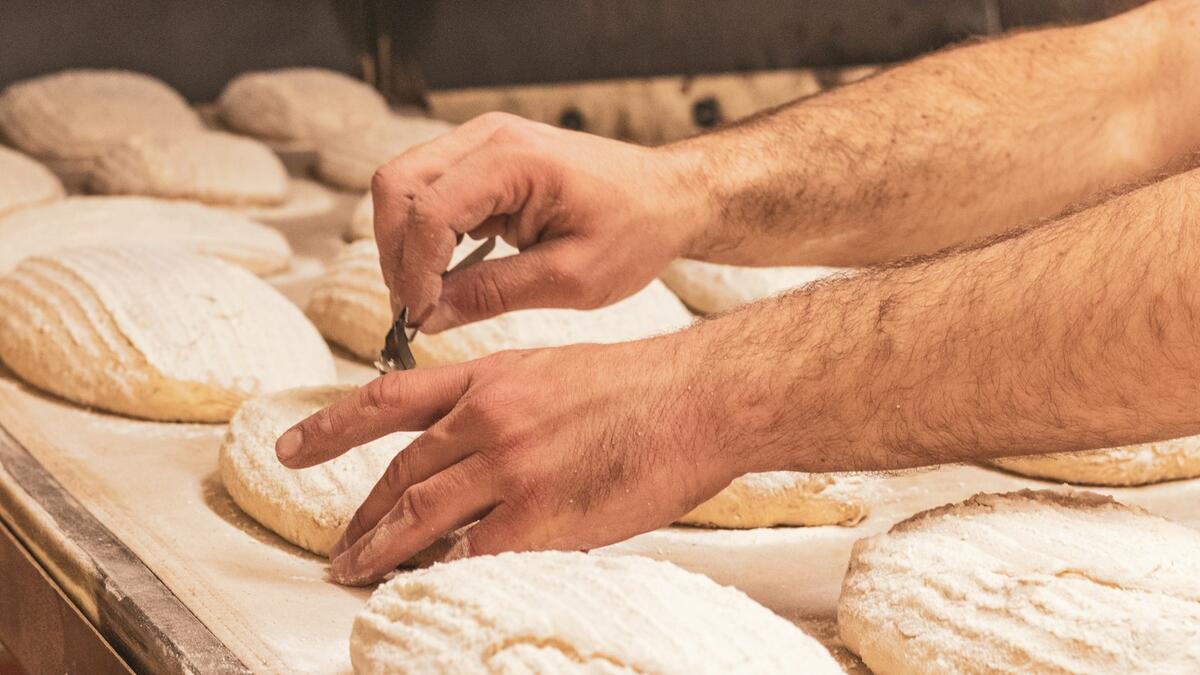 A baker's hands scoring rounds of dough on a floured board
