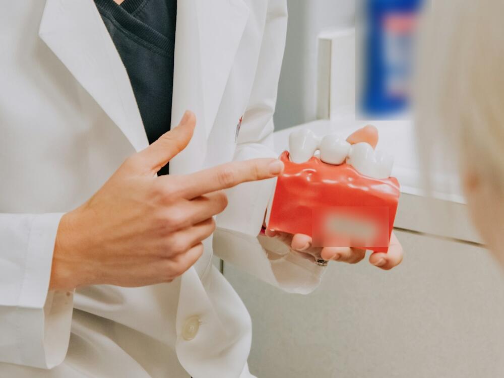 Dr. Brennan pointing to a crown on a model of a patient's teeth