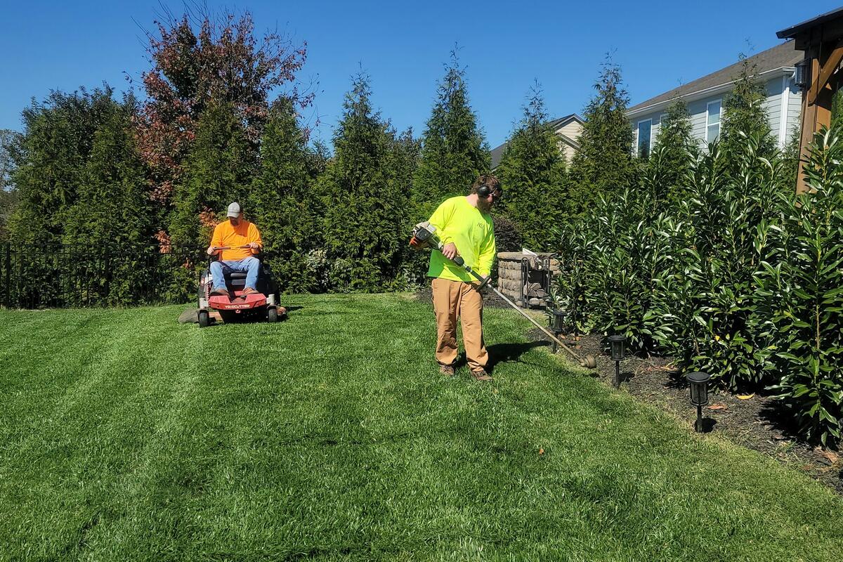 Two lawn workers in a backyard, one on a riding mower and one trimming along a hedge