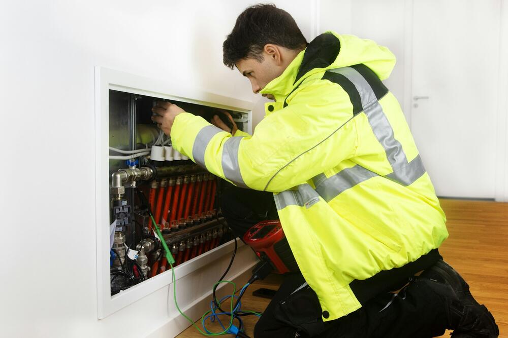 A technician kneeling at an open wall-mounted heating unit, working on its pipes and wiring